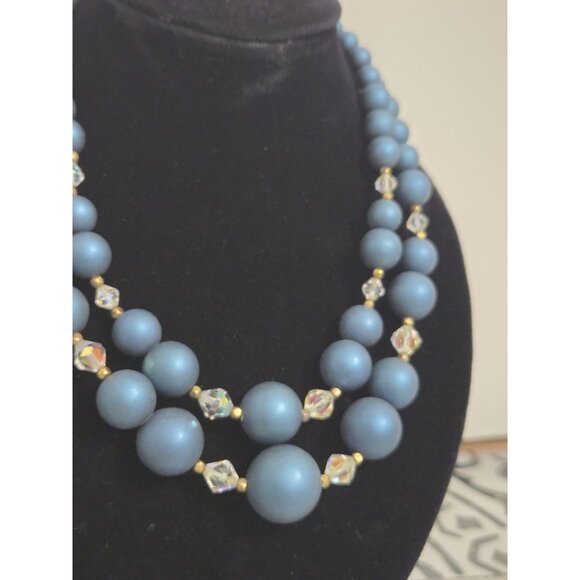 Vtg Estate Double Strand Graduated Faux Blue Pearl Necklace Ornate Clasp - Picture 2 of 8